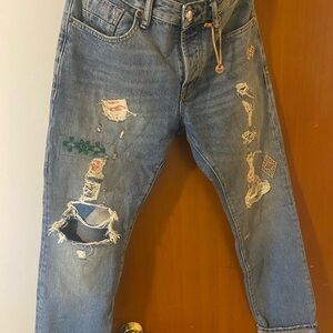 Scotch & Soda Blue Distressed Jeans with Embroidery